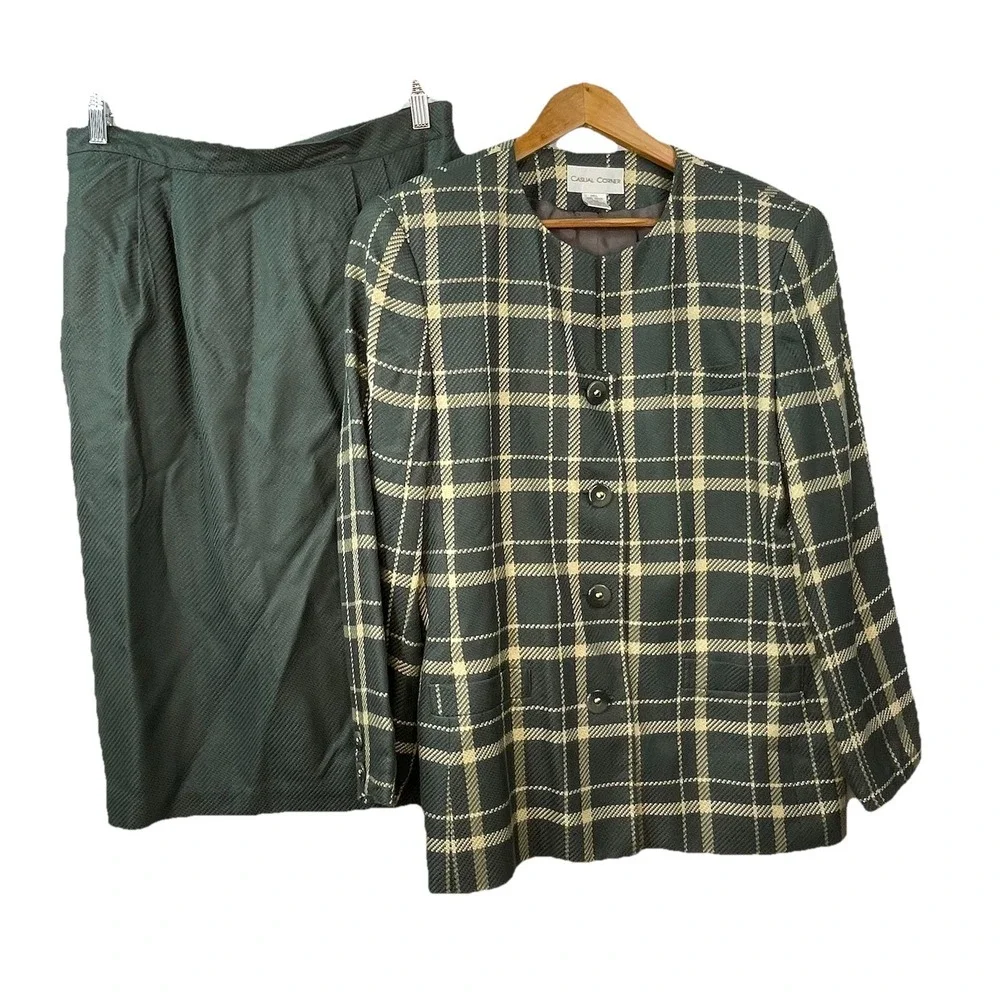 Casual Corner Womens  Vintage‎ 2 PC Rayon Skirt Suit Size 14 Green Beige Plaid